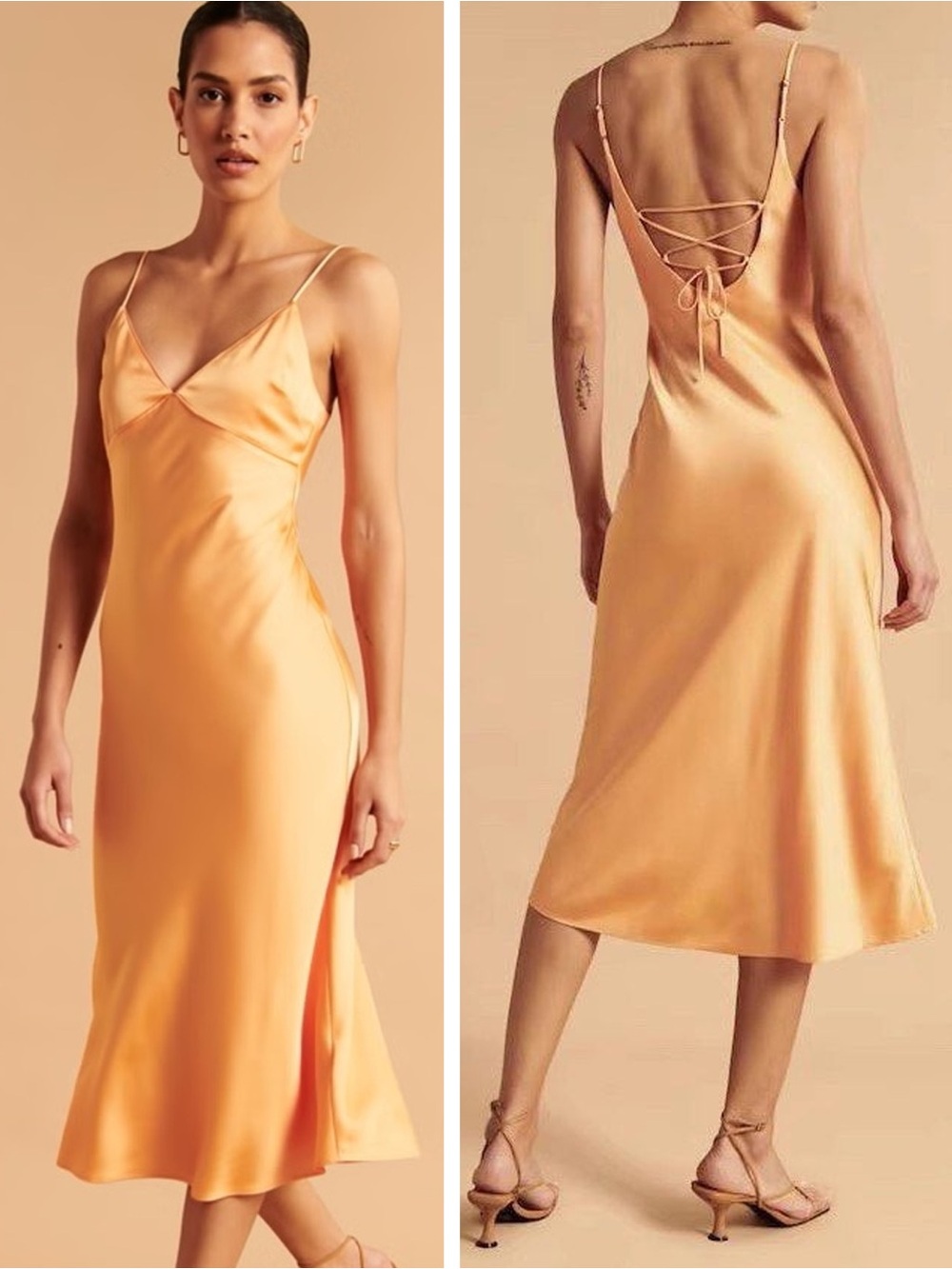 Abercrombie & Fitch Satin Slip Midi Dress in Peachy Orange